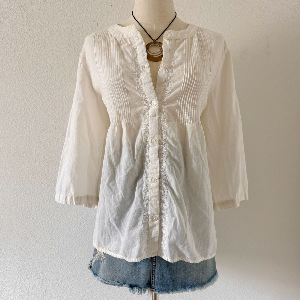 Tantrums White Cotton Peasant Cottage Gauze Embroidered Boho Tunic Top Women's L